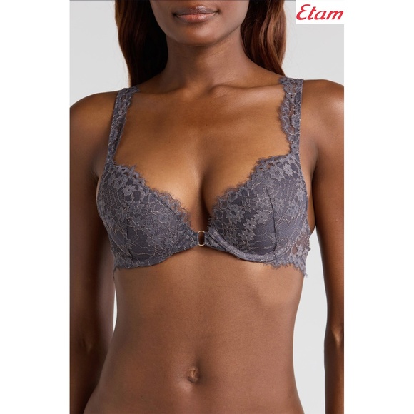 ETAM NWT POETIQUE METALLIC GREY UNDERWIRE PLUNGE PUSH-UP BRA. SIZE 34B - Picture 1 of 11